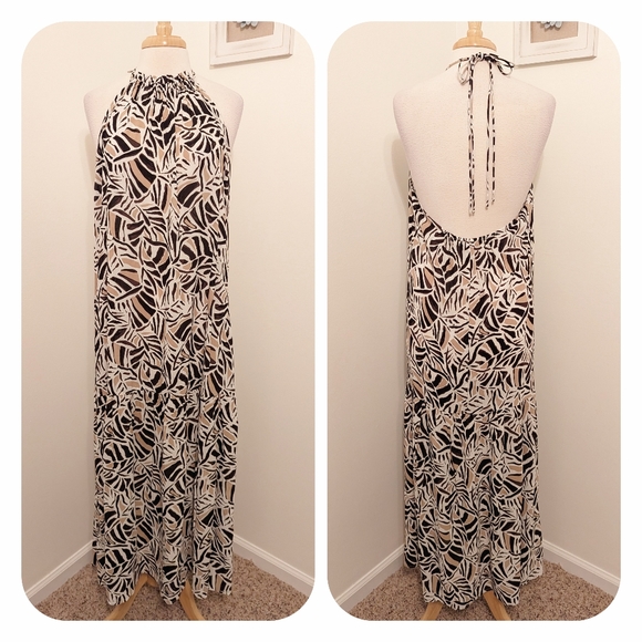 LOFT Beach Leafed Halter Ruffle Backless Maxi Dress Medium White Tan Brown - Picture 3 of 11